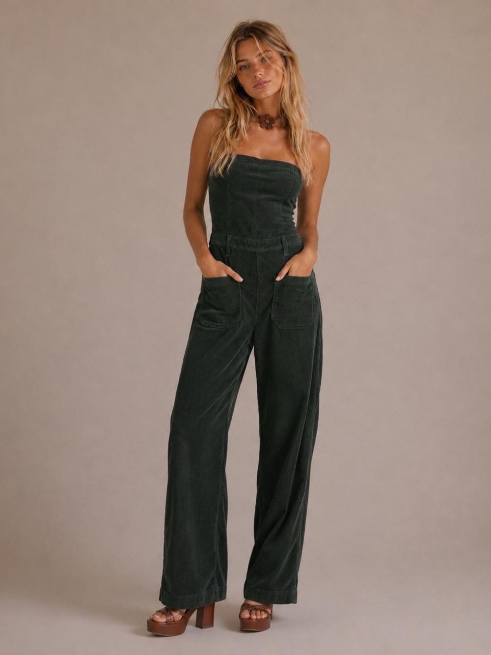 Anthropologie/pilcro Strapless Dark Green Corduroy Jumpsuit